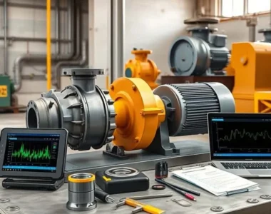 Teknisi memeriksa pompa centrifugal dan separator di PKS dengan overlay grafik getaran; panduan ISO 10816
