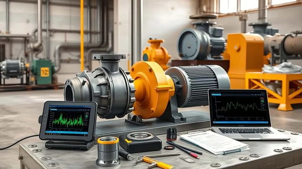 Teknisi memeriksa pompa centrifugal dan separator di PKS dengan overlay grafik getaran; panduan ISO 10816