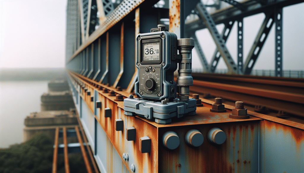 Peralatan monitoring modern terpasang pada girder jembatan baja untuk inspeksi keamanan.