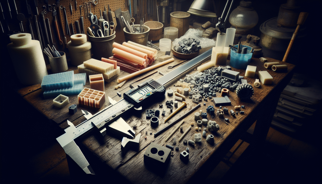 Berbagai sampel material plastik dengan ketebalan berbeda dan kaliper digital di meja kerja, mengukur ketebalan plastik.