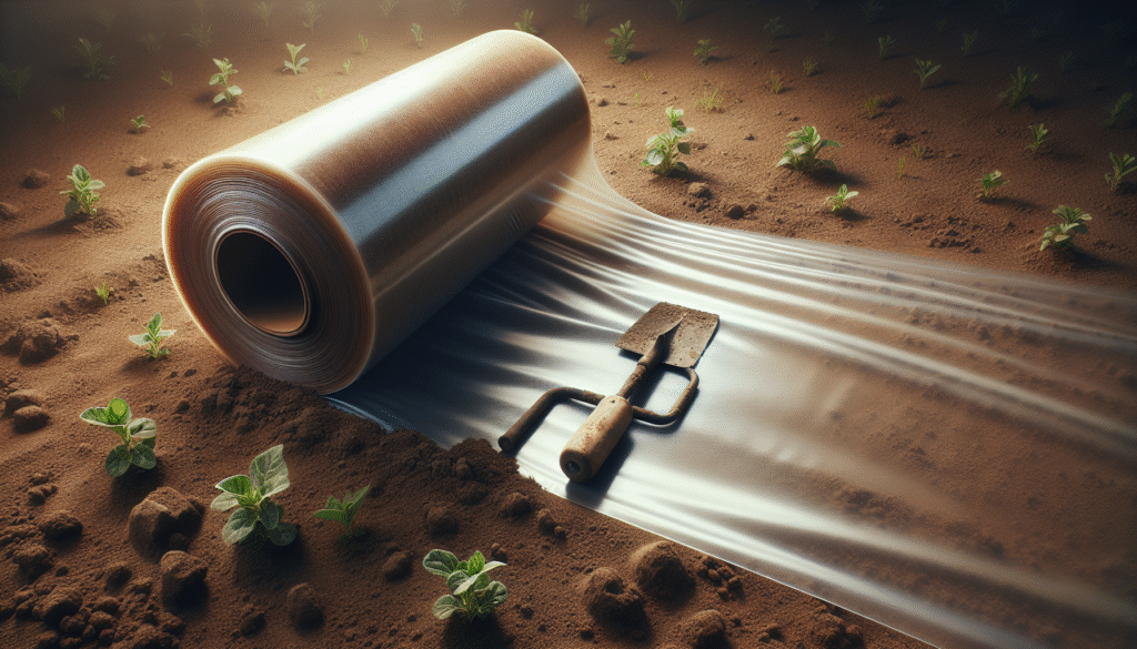 Gulungan plastik pertanian mulsa atau greenhouse di tanah dengan alat pertanian.