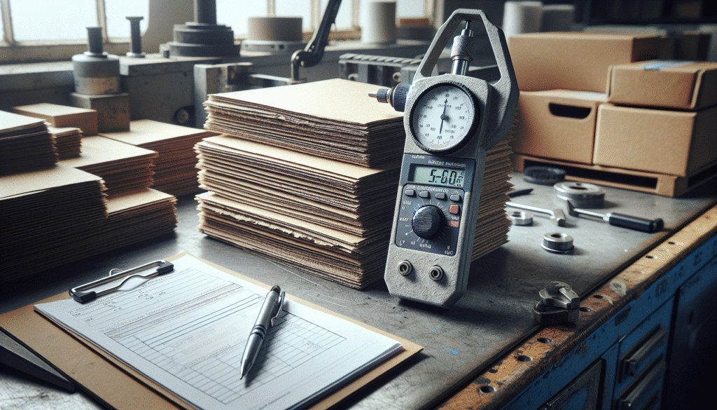 Mikrometer digital mengukur ketebalan kemasan kardus dalam kontrol kualitas.