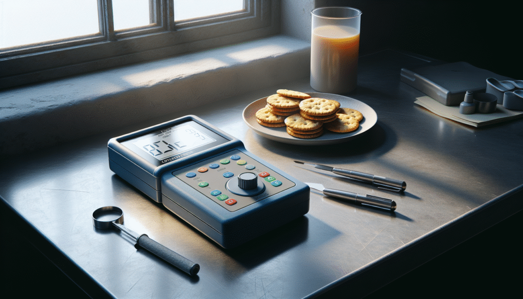 Portable colorimeter measuring the authentic color of infant cereal crackers on a stainless steel table for quality control.