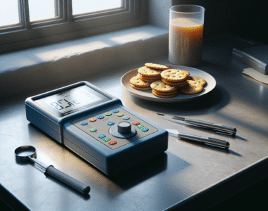 Portable colorimeter measuring the authentic color of infant cereal crackers on a stainless steel table for quality control.