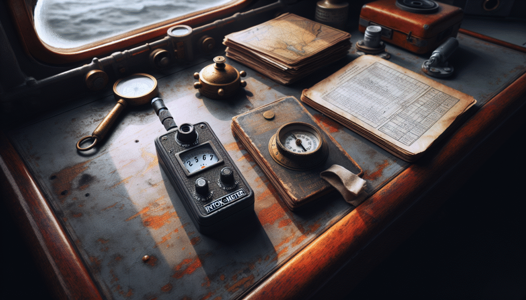 Weathered maritime alcohol tester device on a ship's bridge chart table, essential for preventing crew accidents and ensuring safety.