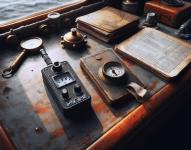 Weathered maritime alcohol tester device on a ship's bridge chart table, essential for preventing crew accidents and ensuring safety.