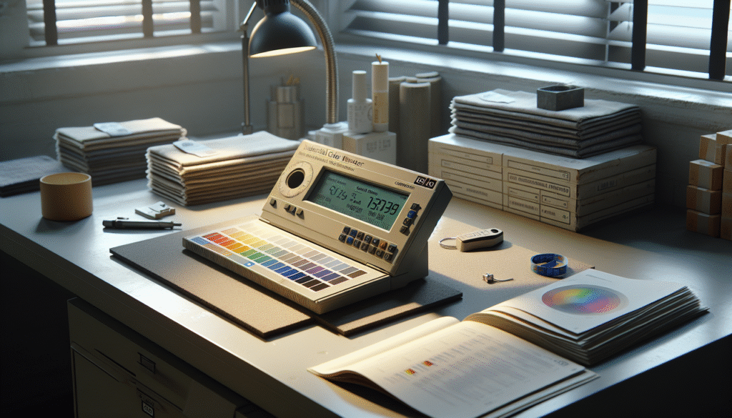 Industrial colorimeter on calibration tile with fabric swatches and SOP manual for precise quality control of color.