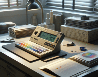 Industrial colorimeter on calibration tile with fabric swatches and SOP manual for precise quality control of color.