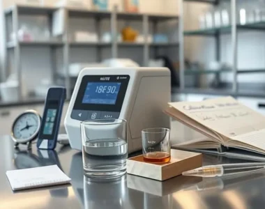 Presisi alat analisa kelembaban mengukur sampel cair kosmetik di laboratorium profesional dengan higrometer dan logbook kalibrasi untuk akurasi pengukuran.