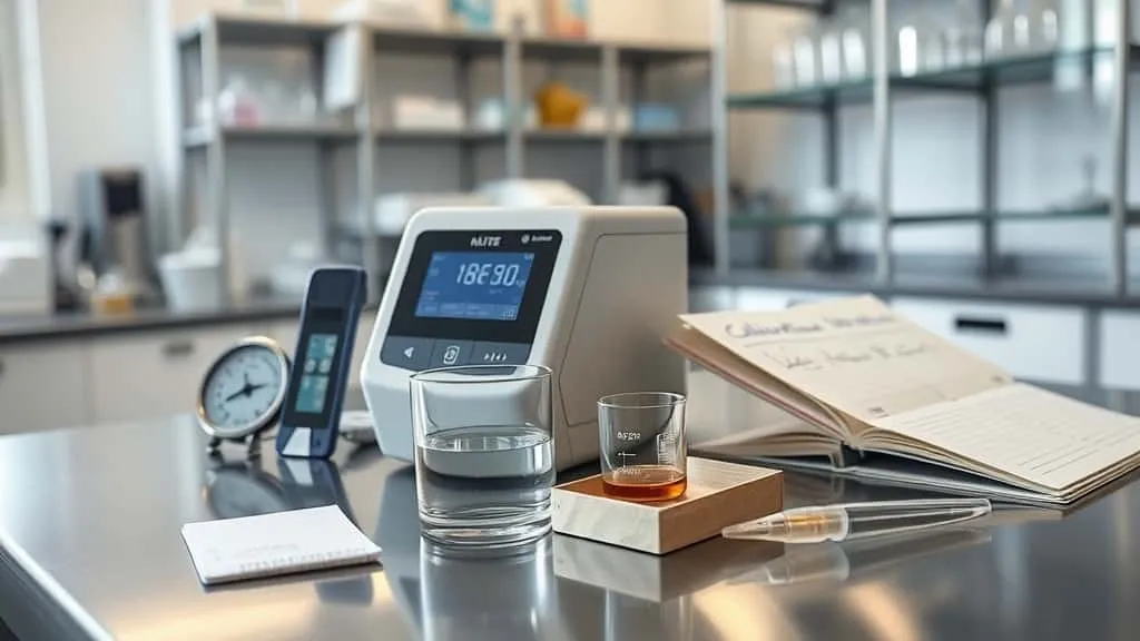 Presisi alat analisa kelembaban mengukur sampel cair kosmetik di laboratorium profesional dengan higrometer dan logbook kalibrasi untuk akurasi pengukuran.