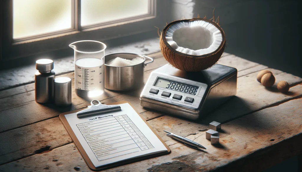 A weathered water activity meter and halved organic coconut on a laboratory table with a HACCP monitoring checklist, illustrating critical control points for food safety.