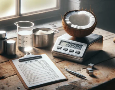 A weathered water activity meter and halved organic coconut on a laboratory table with a HACCP monitoring checklist, illustrating critical control points for food safety.