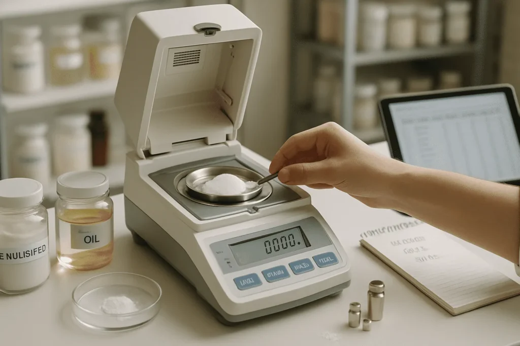 Technician measuring raw material moisture on a digital analyzer in a cosmetics laboratory