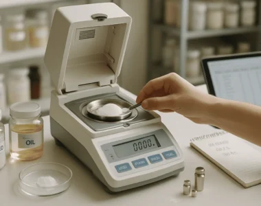 Technician measuring raw material moisture on a digital analyzer in a cosmetics laboratory