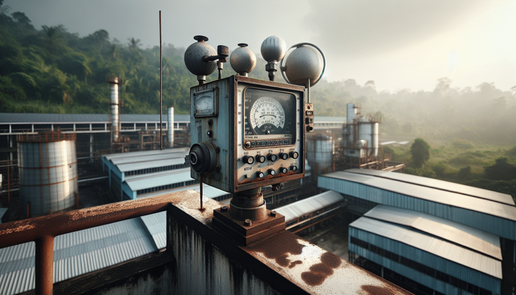 Weathered industrial weather station on a factory rooftop in Indonesia, measuring data for operational efficiency and ROI.
