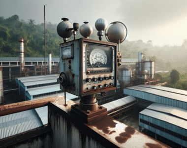 Weathered industrial weather station on a factory rooftop in Indonesia, measuring data for operational efficiency and ROI.