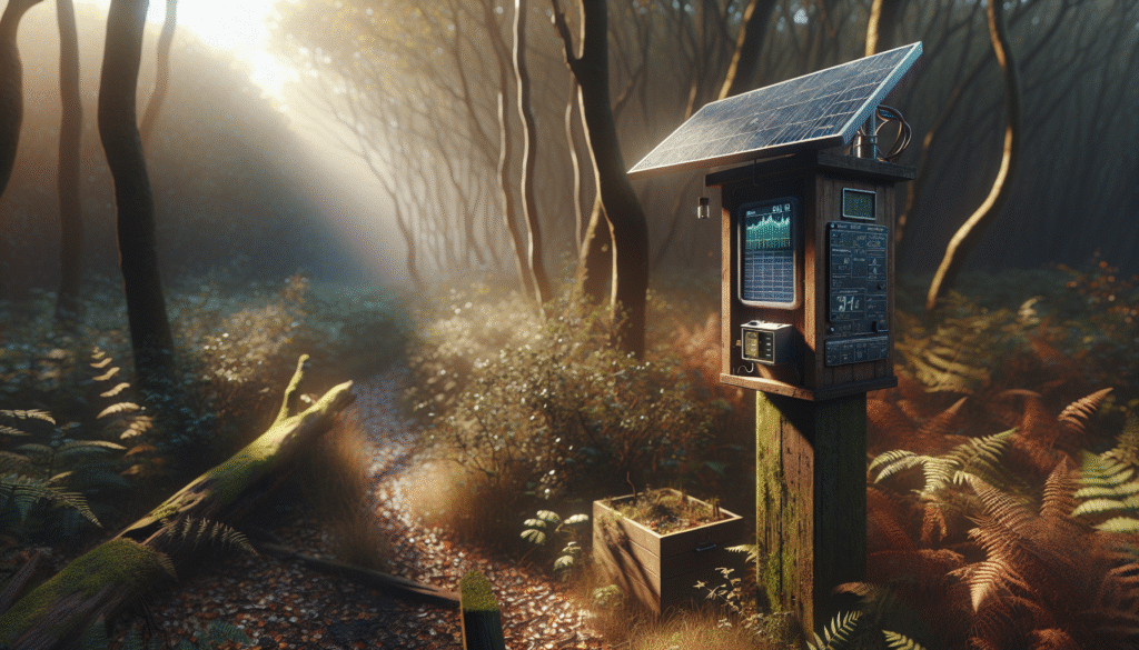 Solar-powered weather station for environmental monitoring in a remote conservation area, showing authentic wear and natural surroundings.