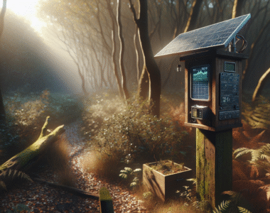 Solar-powered weather station for environmental monitoring in a remote conservation area, showing authentic wear and natural surroundings.