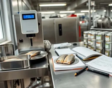 Alat analisa kelembaban di meja laboratorium stainless steel dekat jalur pengalengan pabrik ikan kaleng, dengan sampel ikan di piring dan kaleng uji produksi.