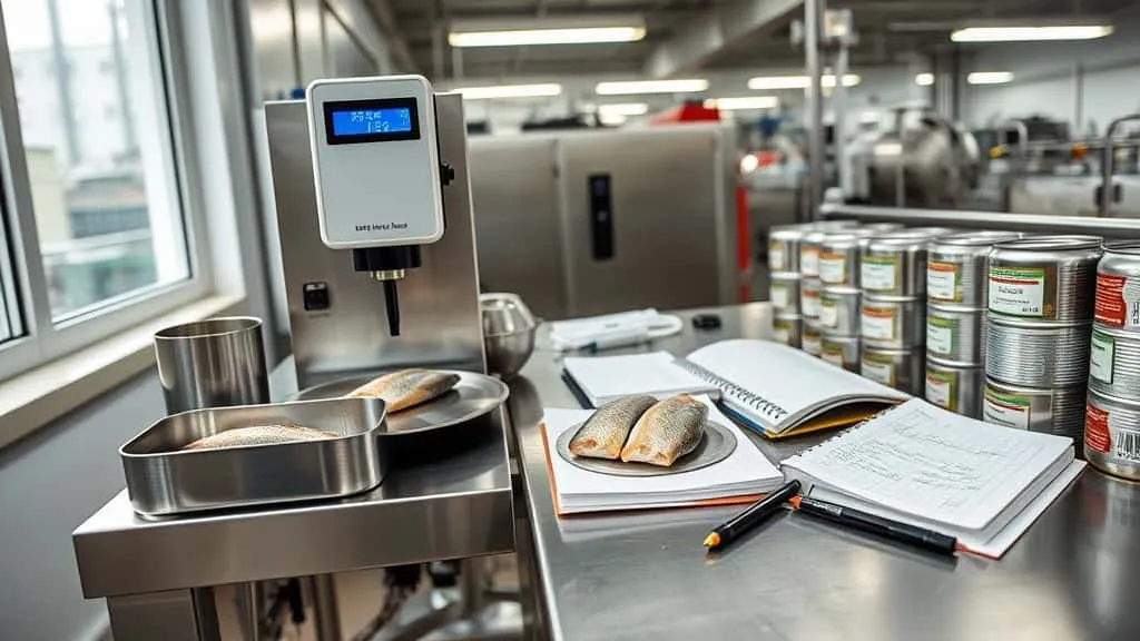 Alat analisa kelembaban di meja laboratorium stainless steel dekat jalur pengalengan pabrik ikan kaleng, dengan sampel ikan di piring dan kaleng uji produksi.