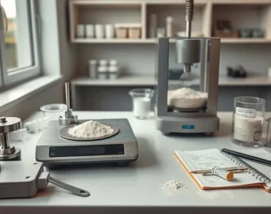 Moisture analyzer with powdered raw material sample and digital scale on lab bench for QC testing.