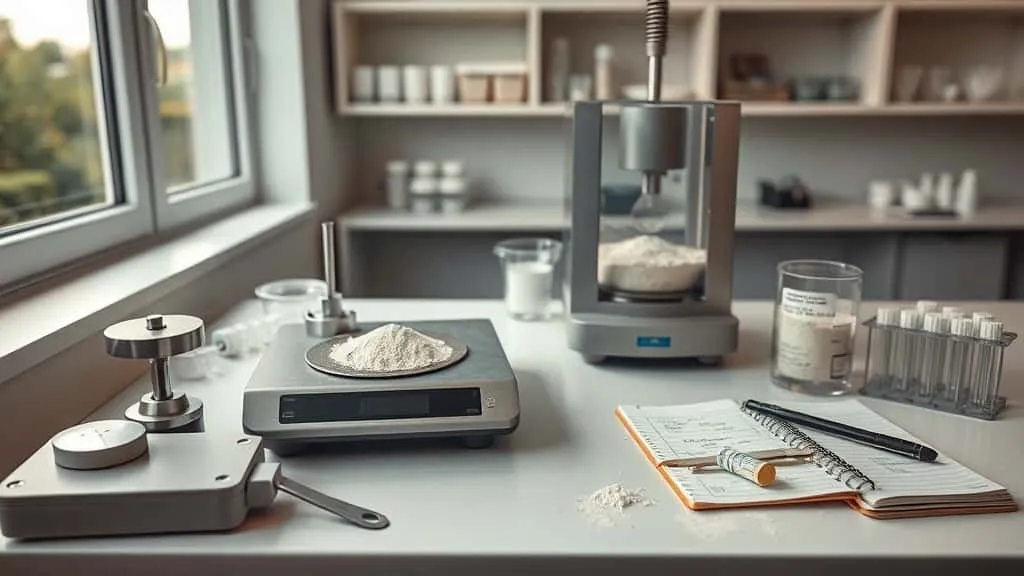 Moisture analyzer with powdered raw material sample and digital scale on lab bench for QC testing.