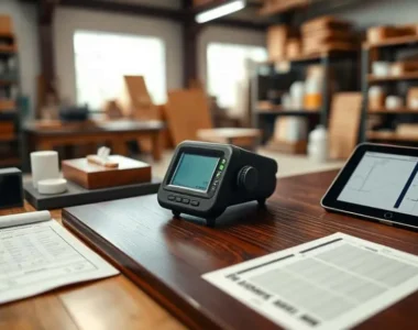 Alat ukur kilap digital mengukur permukaan furnitur kayu di lini produksi, dengan panel kayu dan lembar inspeksi di sekitarnya.