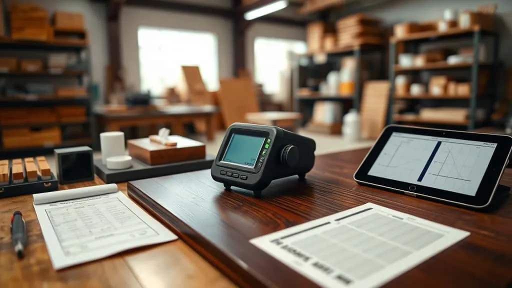 Alat ukur kilap digital mengukur permukaan furnitur kayu di lini produksi, dengan panel kayu dan lembar inspeksi di sekitarnya.