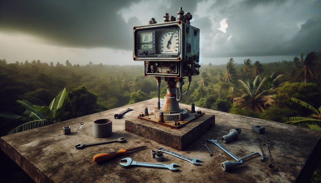 Weathered industrial weather station on a tripod in a rugged Indonesian tropical environment, showing authentic field use for monitoring extreme conditions.