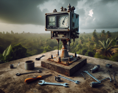 Weathered industrial weather station on a tripod in a rugged Indonesian tropical environment, showing authentic field use for monitoring extreme conditions.