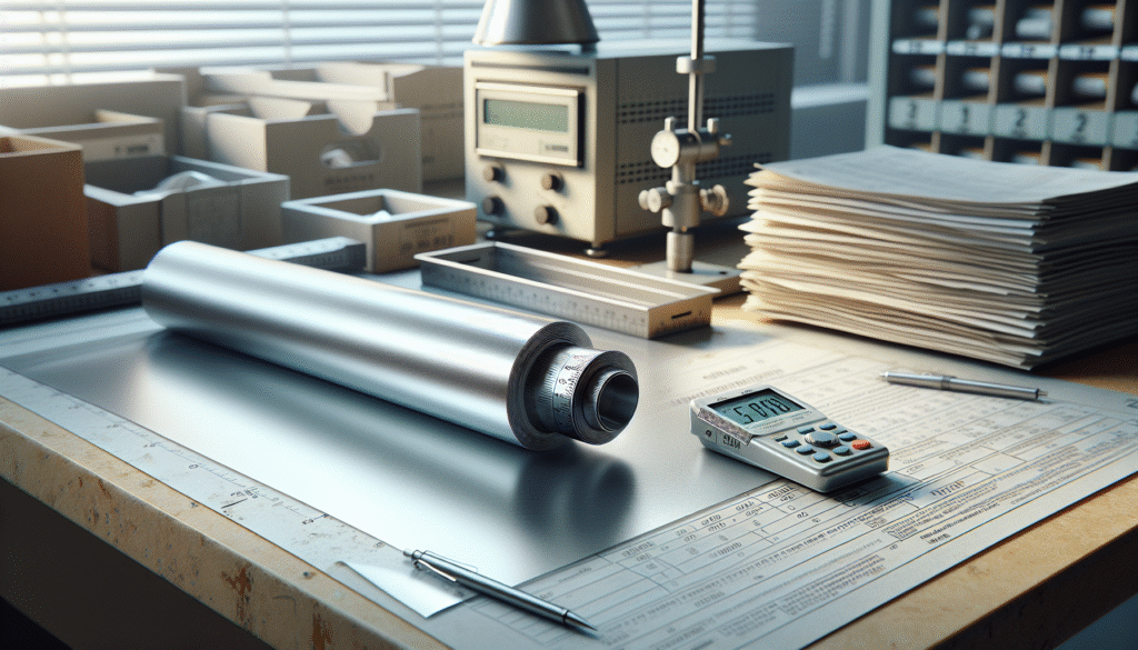 Film barrier farmasi pada meja laboratorium dengan alat ukur presisi dan dokumen regulasi, menyoroti ketebalan film.