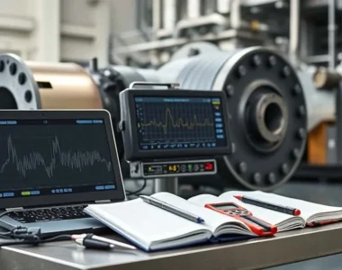 Vibration analyzer portable dengan sensor akselerometer untuk pemantauan getaran turbin dan pompa di PLTA.