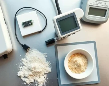 Gula kelapa putih diukur menggunakan colorimeter genggam di meja laboratorium, dengan sensor TCS3200 dan kalibrasi warna untuk panduan produsen eksportir.