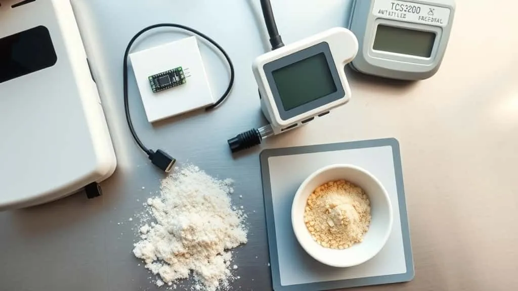 Gula kelapa putih diukur menggunakan colorimeter genggam di meja laboratorium, dengan sensor TCS3200 dan kalibrasi warna untuk panduan produsen eksportir.