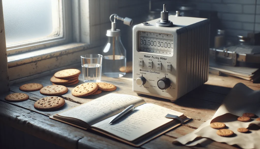Professional food scientist measuring water activity for biscuit quality control in a lab, with equipment and biscuits on a wooden table.