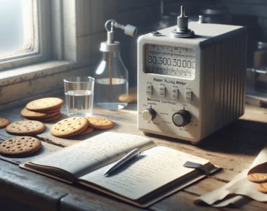 Professional food scientist measuring water activity for biscuit quality control in a lab, with equipment and biscuits on a wooden table.