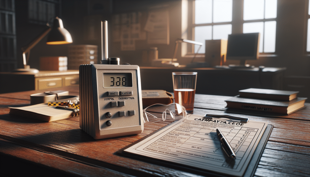 Alcohol testing device and safety equipment on a desk in an industrial office, illustrating a comprehensive workplace alcohol testing program.