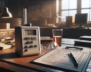 Alcohol testing device and safety equipment on a desk in an industrial office, illustrating a comprehensive workplace alcohol testing program.