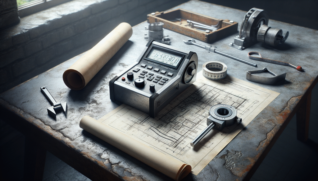 Profilometer on textured concrete for construction QC surface roughness measurement, with blueprints visible.