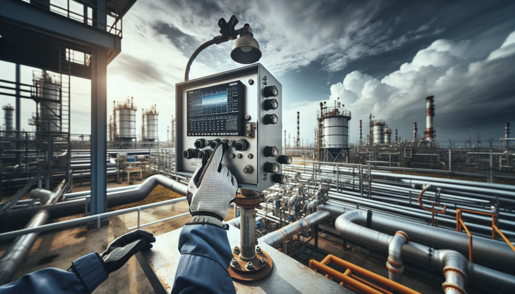 Weather monitoring station at an oil and gas facility with a technician performing maintenance, emphasizing practical wind and weather monitoring for incident prevention.