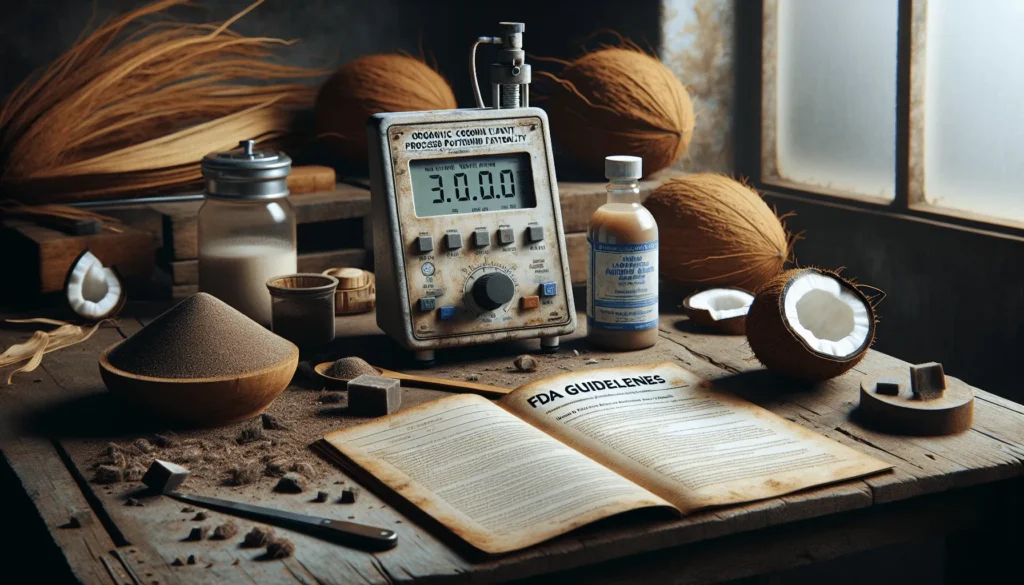 Professional water activity meter measuring coconut sugar and aminos on a wooden bench in an organic coconut processing facility.