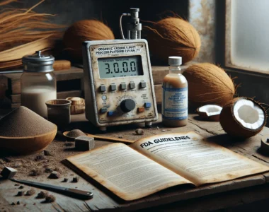 Professional water activity meter measuring coconut sugar and aminos on a wooden bench in an organic coconut processing facility.