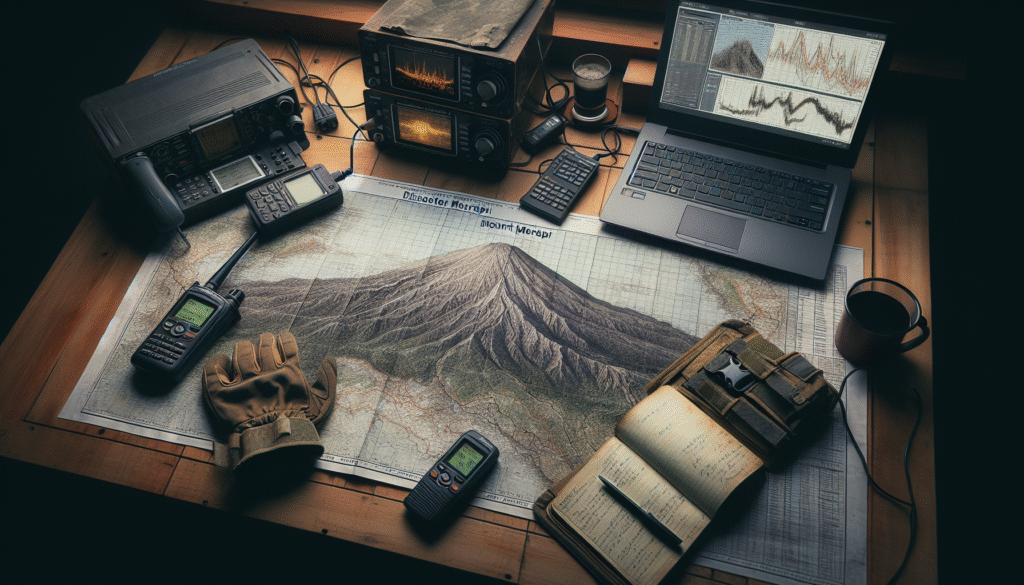 A weathered topographic map of Mount Merapi on a table with field equipment and a laptop showing real-time data graphs for operational monitoring and evacuation guidance.