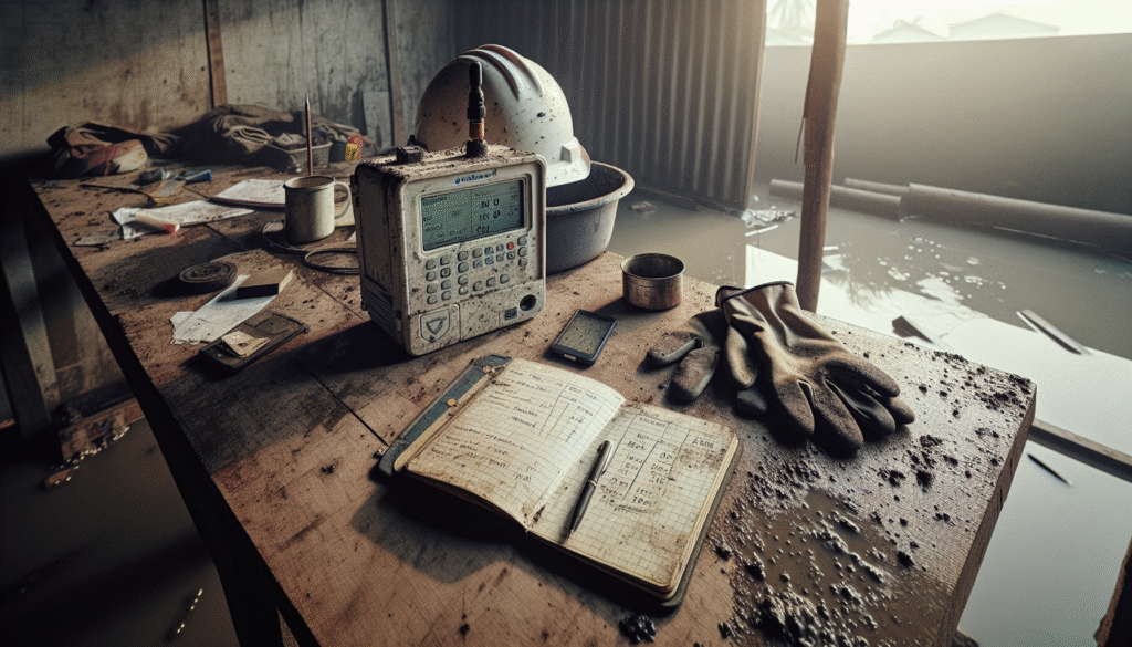 Field technician's post-flood IoT sensor setup in Tangerang for environmental monitoring and health analysis.