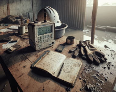 Field technician's post-flood IoT sensor setup in Tangerang for environmental monitoring and health analysis.