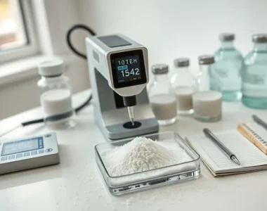 Colorimeter probe measuring white coconut sugar on glass tray with sample containers and digital display data in a clean laboratory workspace.