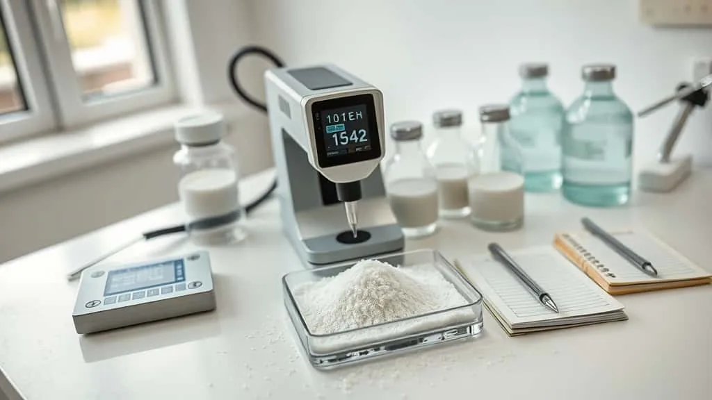 Colorimeter probe measuring white coconut sugar on glass tray with sample containers and digital display data in a clean laboratory workspace.