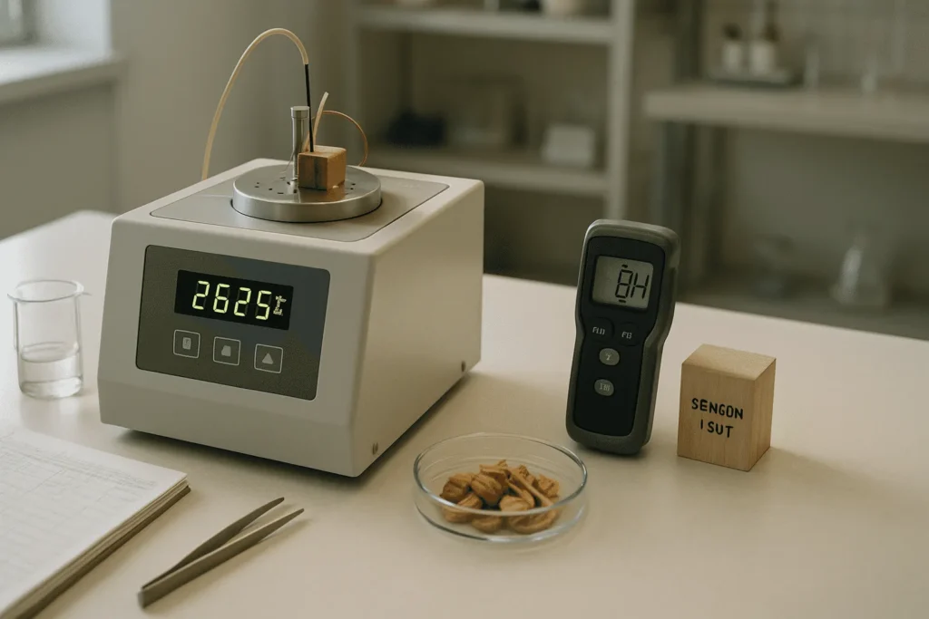 Bomb calorimeter and moisture meter measuring sengon laut wood sample for calorific value analysis in a laboratory.
