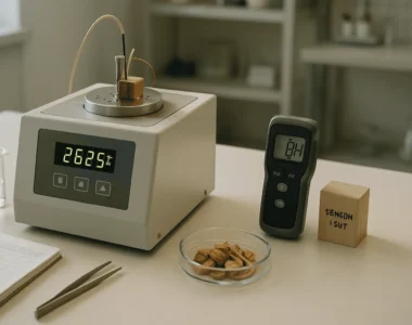 Bomb calorimeter and moisture meter measuring sengon laut wood sample for calorific value analysis in a laboratory.