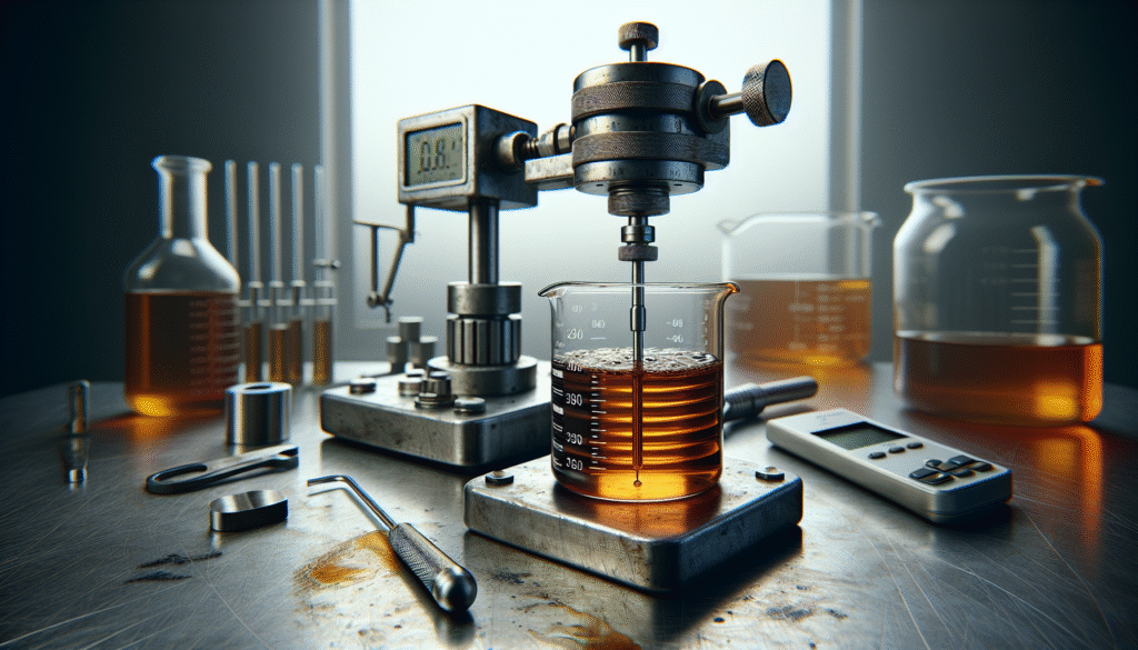 Rotational viscometer mengukur viskositas sirup kental dalam beaker, menyoroti pengendalian viskositas untuk konsistensi sirup.